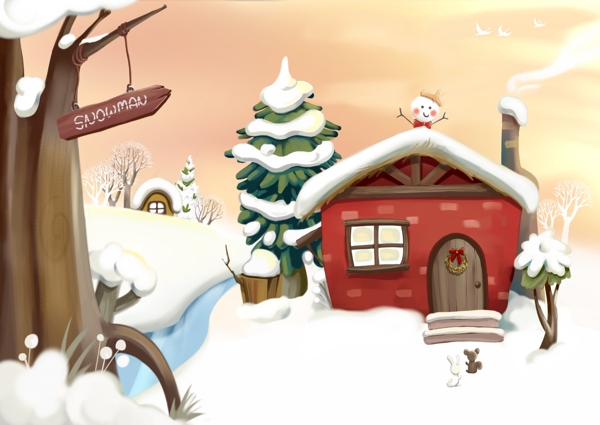 卡通雪景房屋素材背景