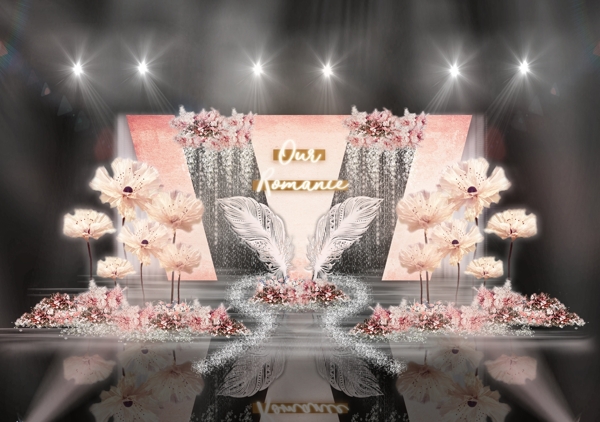 粉色立体镂空隔段背景花艺瀑布婚礼效果图