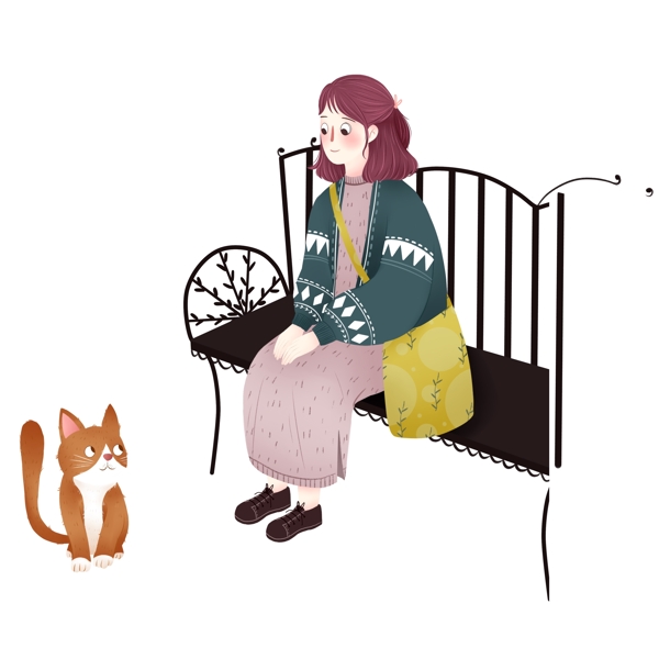 卡通坐在长椅上的女孩与猫元素
