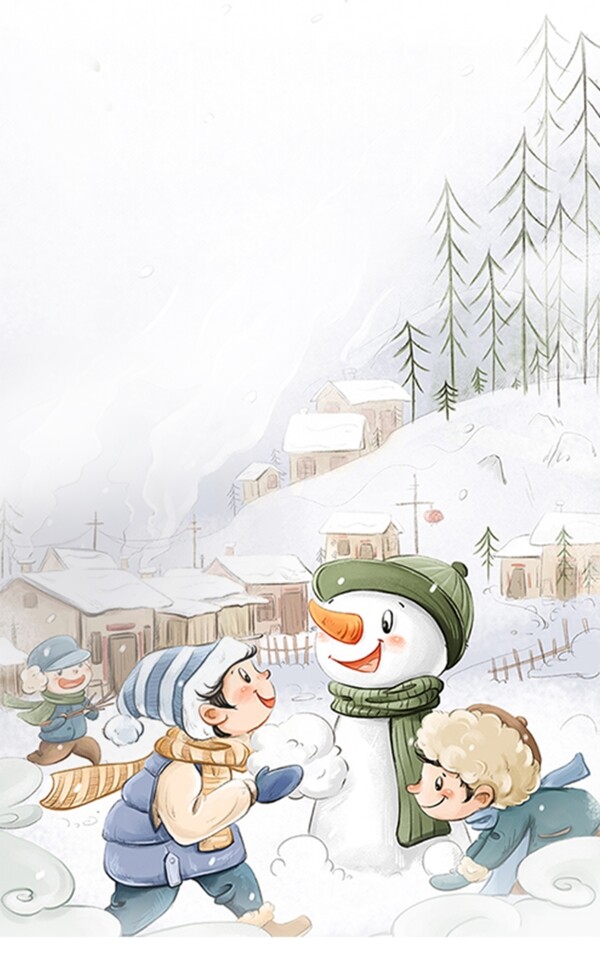 彩绘漫画风24节气大雪背景设计