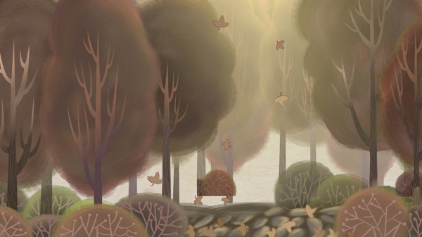 手绘森林树木落叶秋季插画背景