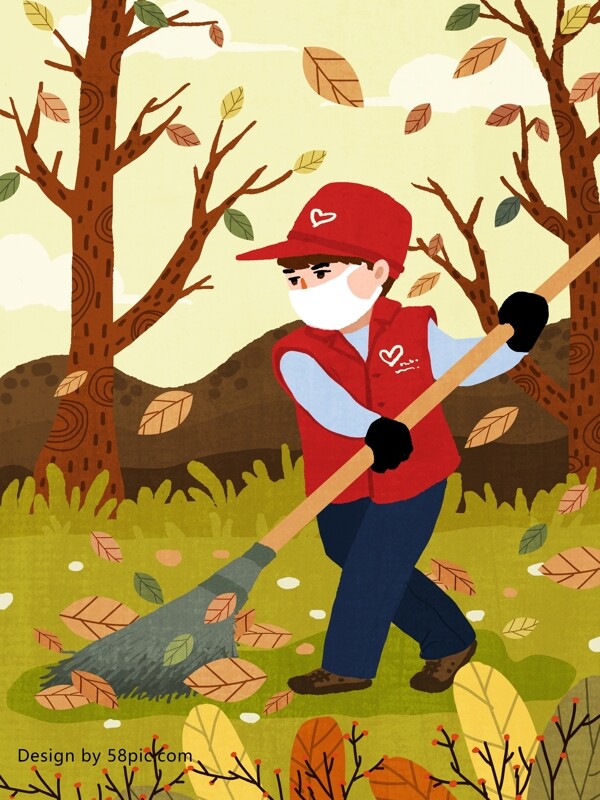 志愿者日志愿者树下扫落叶原创手绘插画