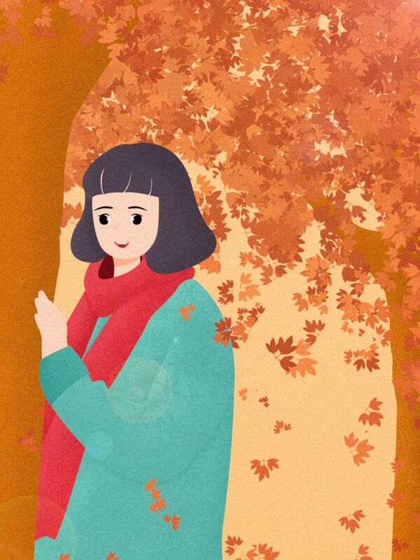 手绘小清新站在银杏树的女孩背景素材