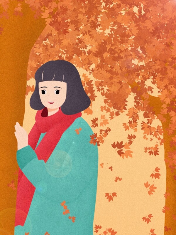 手繪小清新站在銀杏樹的女孩背景素材