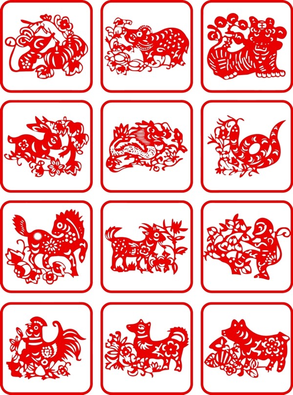 精美紅色12生肖剪紙設(shè)計矢量素材