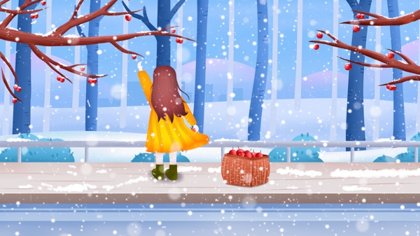 冬季小雪女孩路边摘果子插画