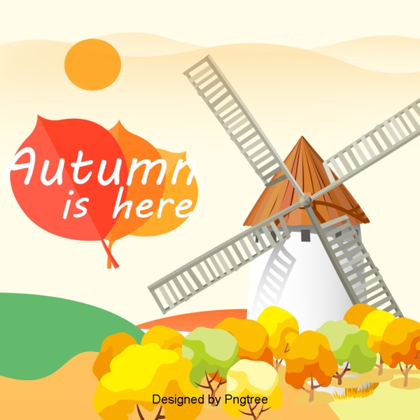 美丽多彩的卡通可爱的手绘秋天金色森林风车背景