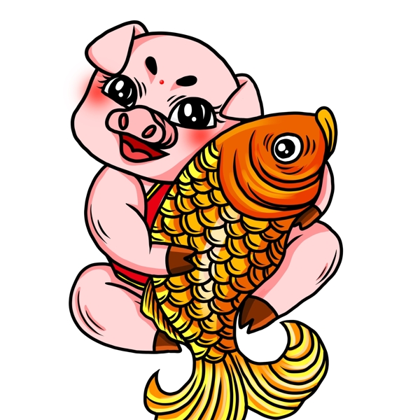 喜庆小猪和锦鲤插画元素设计