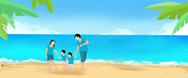 唯美夏日海边度假一家人