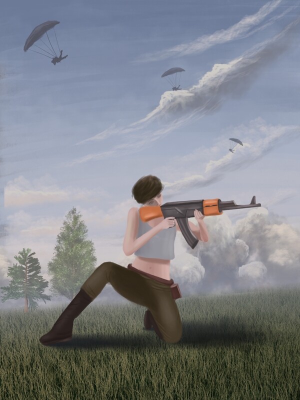 手绘写实战场女战士AK47插画