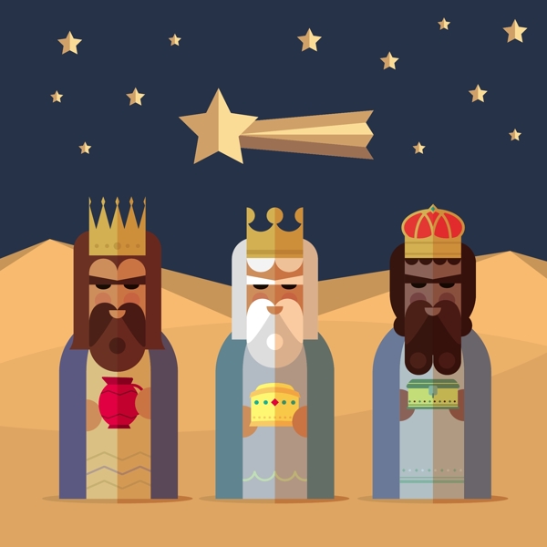 扁平化朝拜的三个国王插画矢量素材
