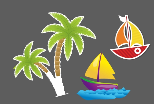 卡通帆船椰子树