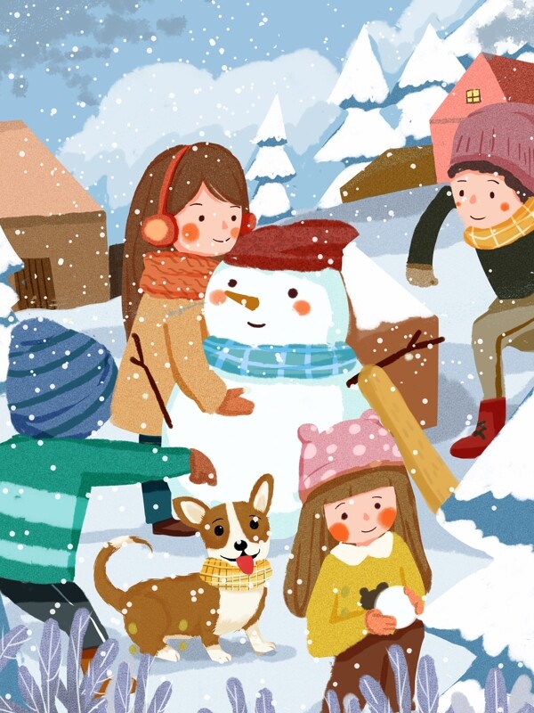 冬日孩子打雪仗堆雪人溫暖可愛溫馨兒童插畫