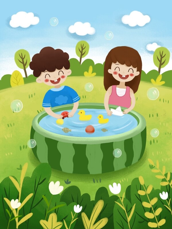 六一儿童节男孩女孩草地里开心玩玩具插画