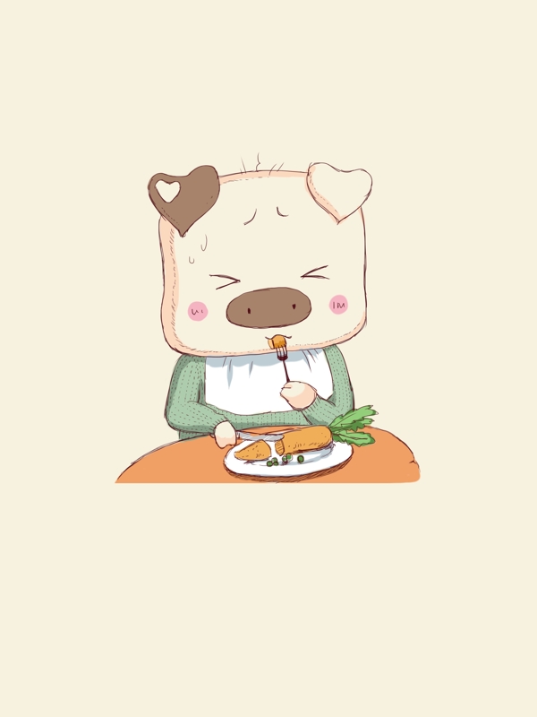 手绘卡通小猪厌食吃胡萝卜