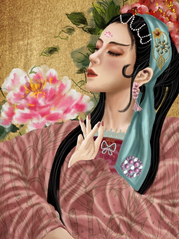 中国风复古水墨牡丹古代美女宣纸兰花指戏曲