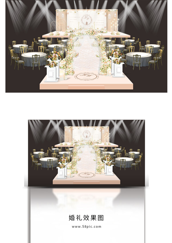 香槟色花拱门婚礼效果图