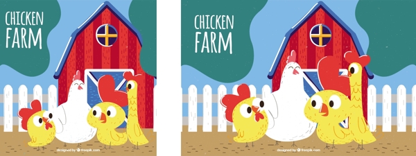 手绘红色谷仓与漂亮的母鸡小鸡背景