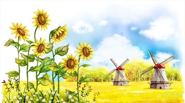 手绘荷兰风车向日葵