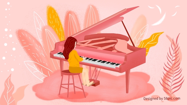 原创音乐节清新粉色女孩弹钢琴插画