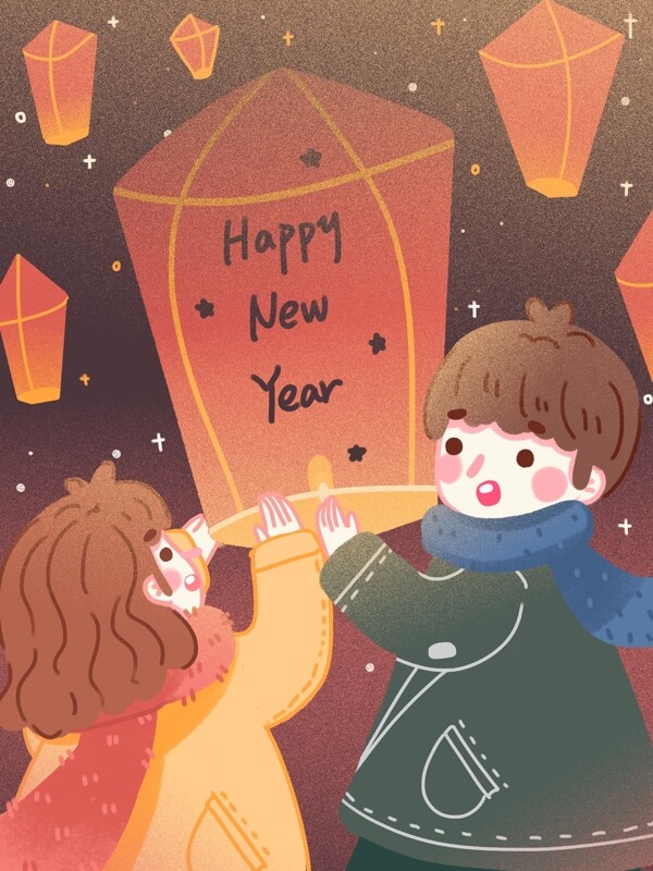 新年许愿放孔明灯的情侣庆祝新年场景扁平风