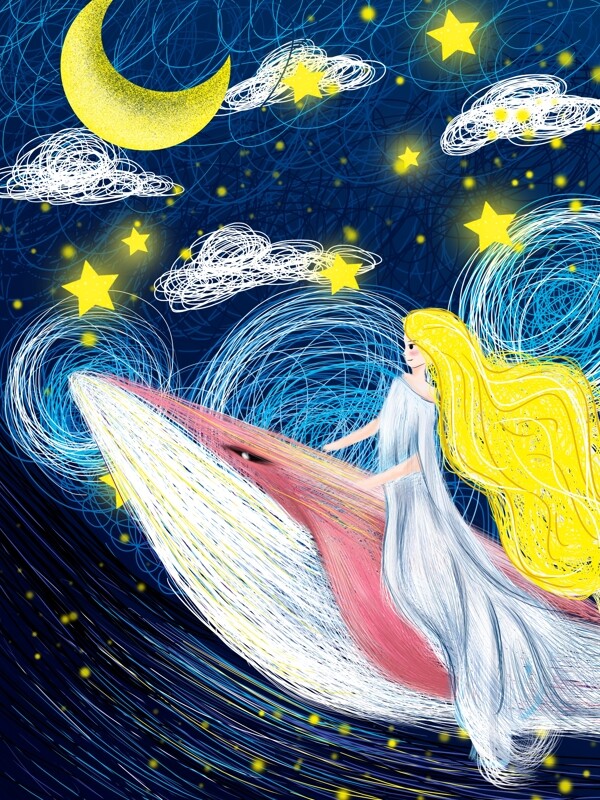星空中遨游的鲸与女孩