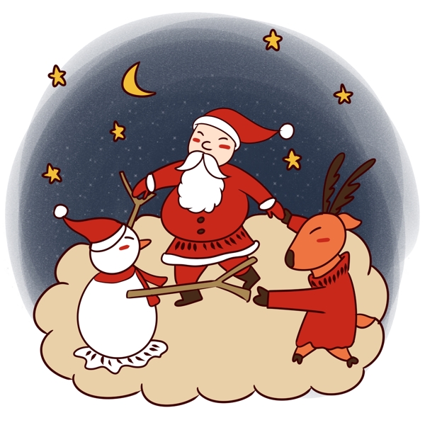 手绘卡通可爱圣诞节圣诞老人与麋鹿跳舞
