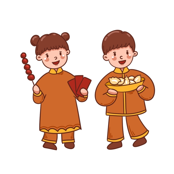手繪矢量卡通豬年新年小孩子拜年