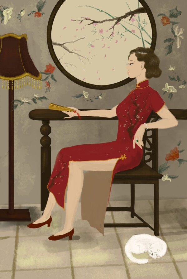 旗袍女性人物传统插画背景
