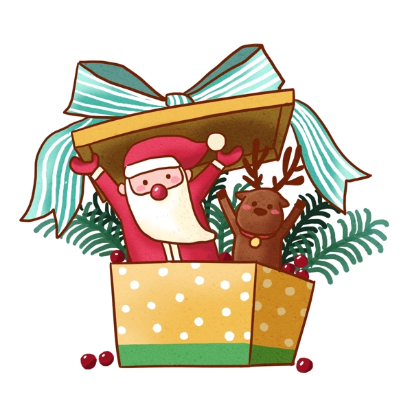 圣诞节送礼物的Q版圣诞老人和麋鹿PNG免抠素材