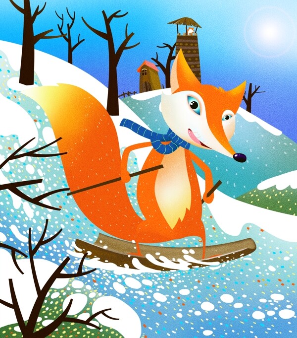 冬季滑雪场地狐狸欢乐滑行