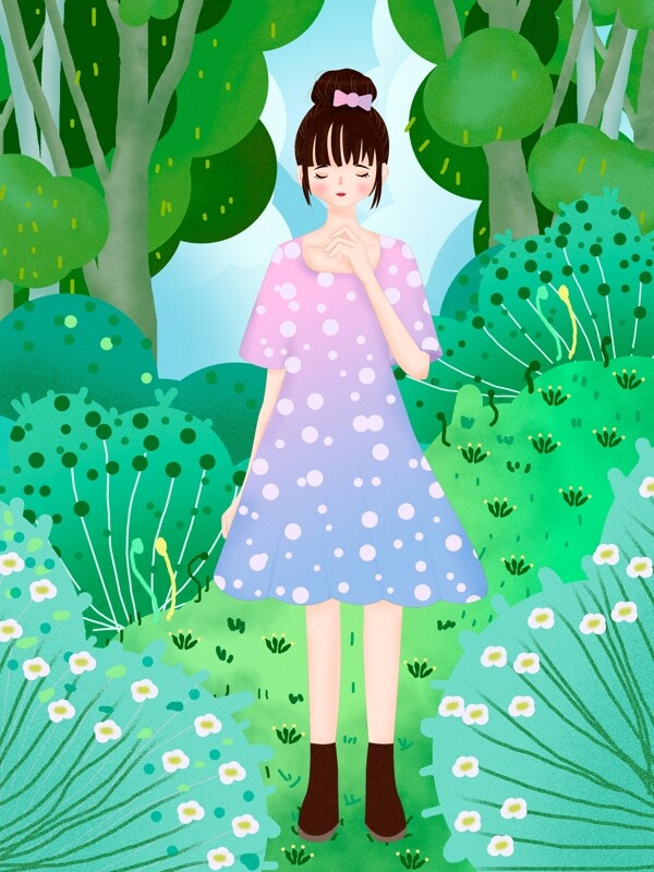 五月你好站在在草地上吹风的女孩扁平风插画