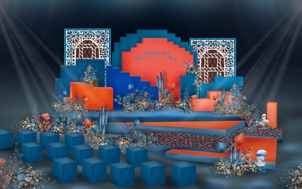 蓝橙色婚礼舞台效果图