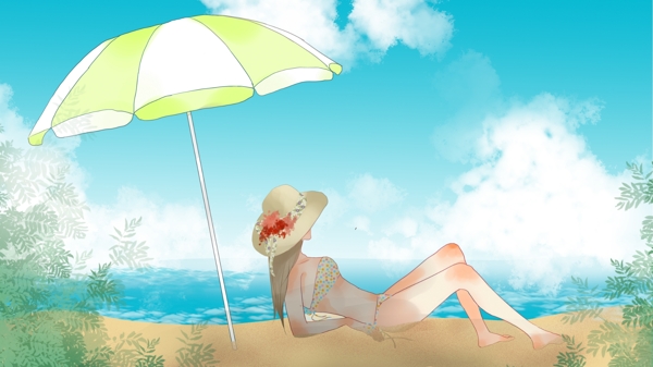 夏天海边沙滩晒太阳的女孩插图壁纸