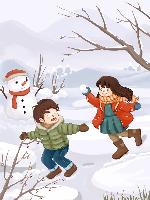 冬天插画冬季打雪仗堆雪人写实插画