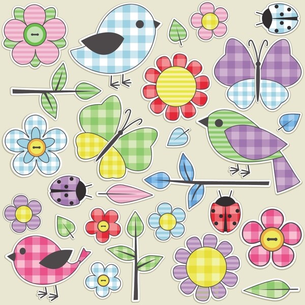 布艺动物花卉设计矢量图