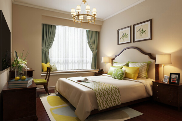 美式清新时尚卧室黄色花纹地毯室内装修图