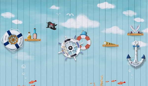 儿童卡通海船玄关屏风背景底纹素