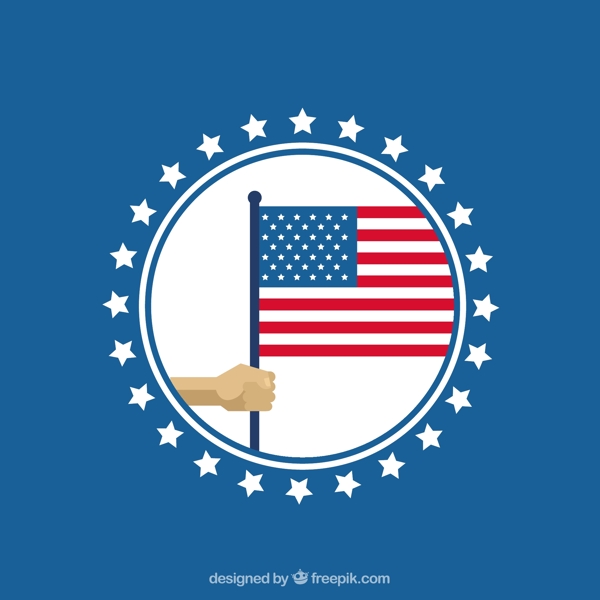蓝色背景圆形和手持美国国旗