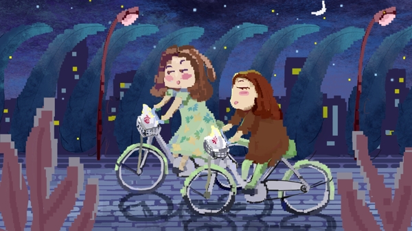 80s复古像素插画闺蜜骑自行车城市健身