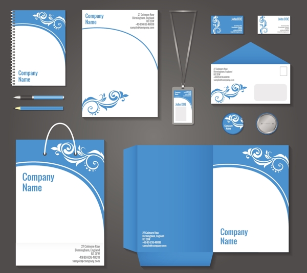 蓝色和白色花卉卷曲企业文具模板为企业的身份和品牌设置矢量插图