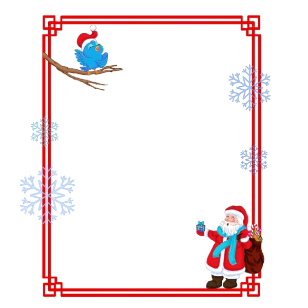 卡通方形圣诞边框圣诞老人和树枝上唱圣诞歌的小鸟