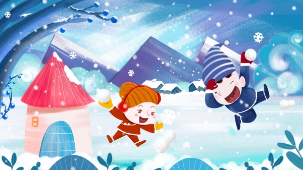 冬季小伙伴一起打雪仗肌理插画