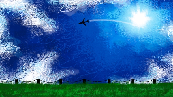 蓝色天空中飞过的飞机草地卡通背景