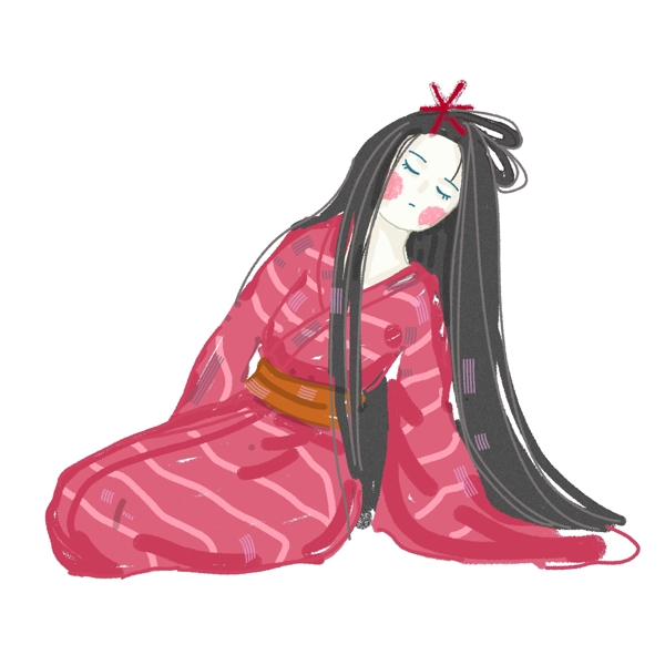 手绘穿着和服的日本少女