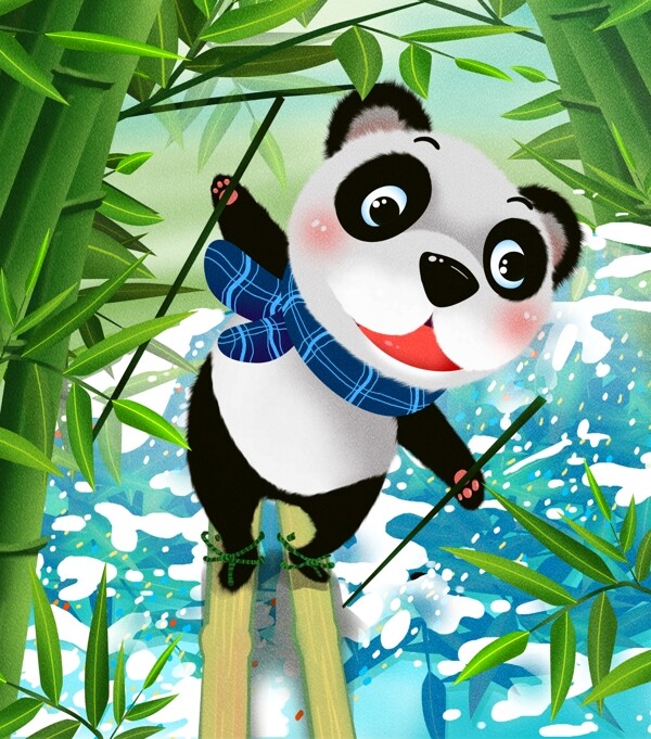 冬季欢乐场景小熊猫竹板在竹林滑行