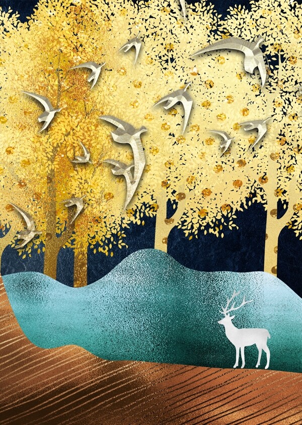 新中式抽象麋鹿发财树装饰画