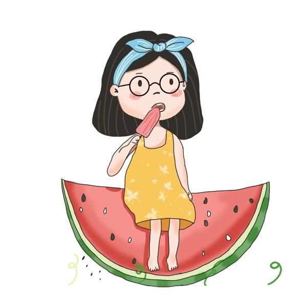 彩绘可爱坐在西瓜上吃西瓜的女孩设计