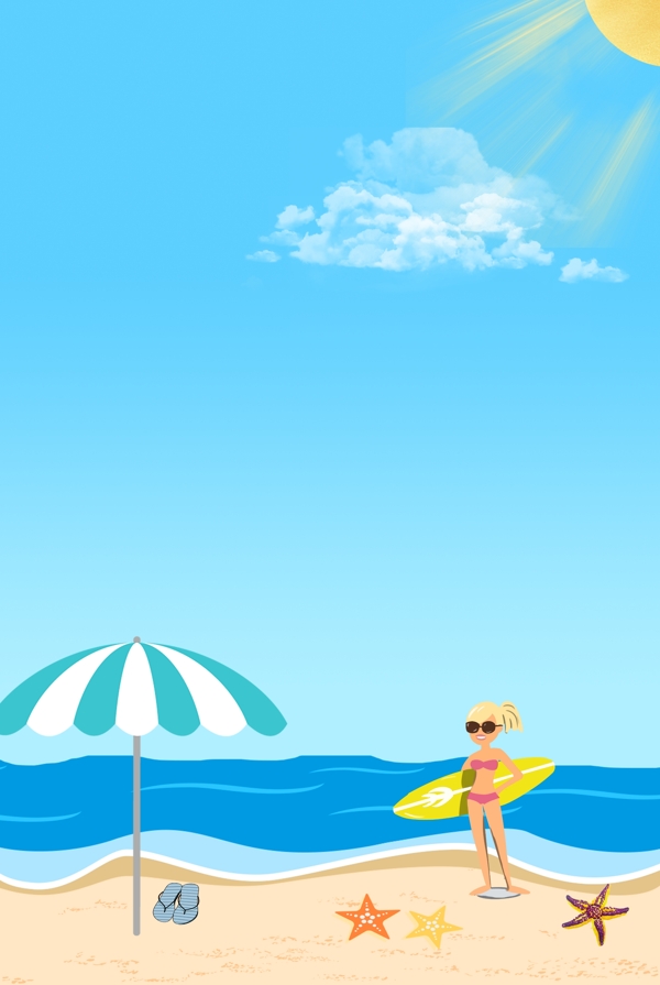 夏日海滩冲浪的少女背景