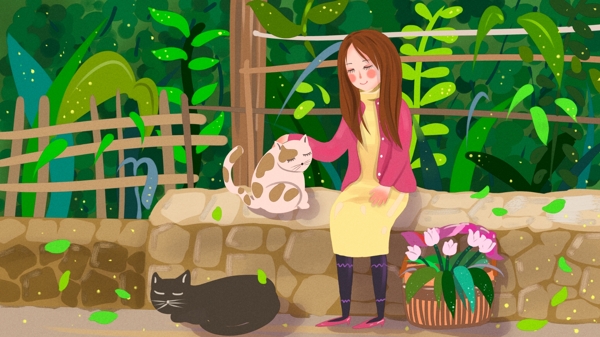 萌宠系列之院子里逗猫咪玩的女孩清新插画